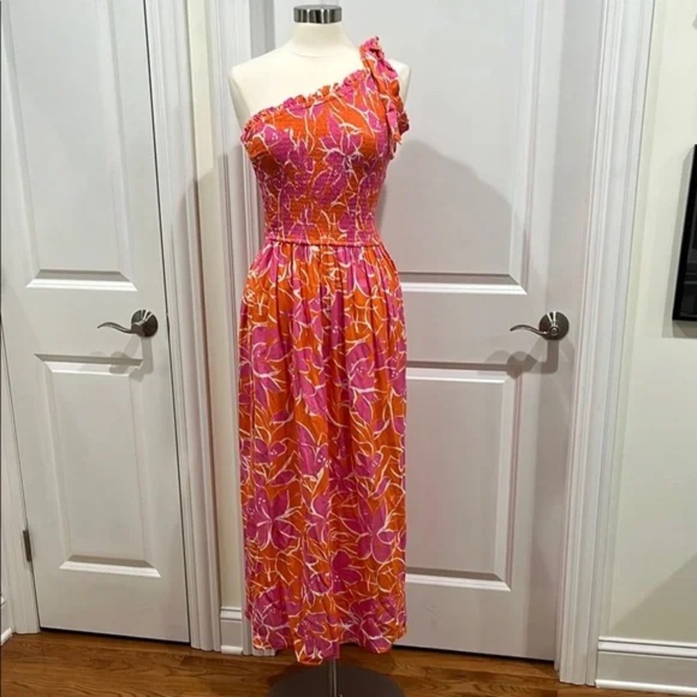 Japna Pink/White/Orange One Shoulder Maxi Dress